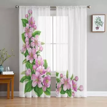 Цветущая ветка дерева с розовыми цветами, прозрачные шторы для спальни, гостиной, тюлевые шторы для кухни, оконные вуали, шторы 135W x 114H(cm)