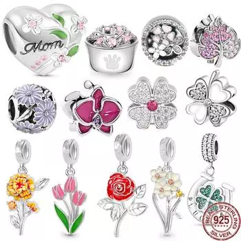 Цветущий тюльпан, цветок нарцисса и роза, подвеска, подвеска, подвеска из бисера, женские украшения, подходят для оригинального модного браслета из серебра 925 пробы