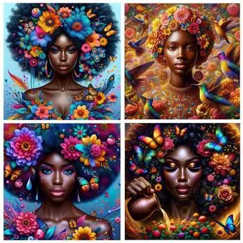 Цветы Африканская Женская Алмазная Мозаика Распродажа Полный Квадратный Круглый Алмаз Живопись DIY Вышивка Картина Стразами Искусство square 30x30cm белый