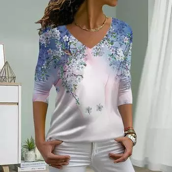 Цветы и птицы принт женские футболки женские топы с длинным рукавом V-образный вырез пуловер женские футболки футболка для женщин XS синий