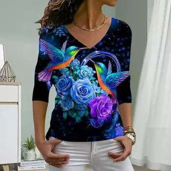 Цветы и птицы принт женские футболки женские топы с длинным рукавом V-образный вырез пуловер женские футболки футболка для женщин XS синий