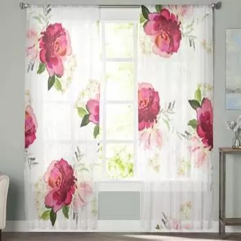 Цветы и растения в акварельном стиле, прозрачные шторы, вуаль для спальни, занавеска для гостиной, окна, прозрачные шторы для кухни, тюлевые шторы 135W x 114H(cm)