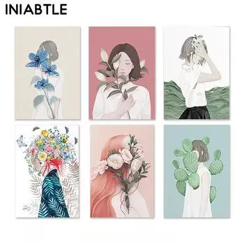Цветы, красивая девушка, зеленое растение, абстрактные постеры на скандинавскую тему, принты, настенная живопись на холсте, настенные панно для гостиной, домашний декор 21cm30cm NoFrame