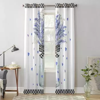 Цветы лаванды, акварельные бутылки, клетчатые шторы для спальни, гостиной, оконные шторы, жалюзи, кухонный декор, шторы 135W x 60H(cm) x1