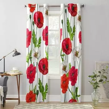 Цветы мака на белом фоне Роскошные оконные занавески для гостиной, спальни, домашнего декора, кухни, оконные шторы 135W x 60H(cm) x1