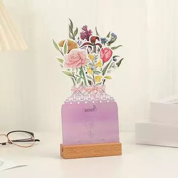 Цветы Настольный календарь Цветочный настольный календарь с деревянной основой Креативный съемный вазообразный ежемесячный календарь-планировщик One Size фиолетовый