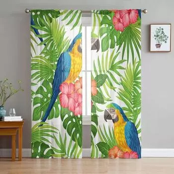 Цветы попугая, зеленые тропические растения, листья, тюлевые прозрачные оконные шторы для гостиной, спальни, вуаль, занавески из органзы, шторы W135 x H115cm x1&Rod Pocket