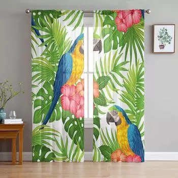 Цветы попугая, зеленые тропические растения, листья, тюлевые прозрачные оконные шторы для гостиной, спальни, вуаль, занавески из органзы, шторы W135 x H115cm x1