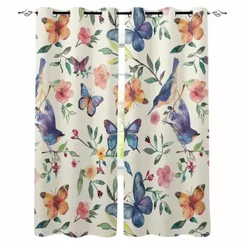 Цветы Птицы Акварель Листья Плотные Шторы Для Гостиной Спальни Оконные Шторы Жалюзи Портьеры W135 x H60cm