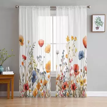Цветы Растения Акварель Листья Прозрачные Шторы для Украшения Гостиной Оконные Шторы Кухня Тюль Вуаль Органза Шторы W135 x H115cm x1