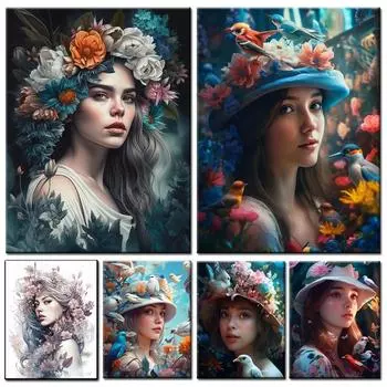 Цветы Шляпа Женщина Алмазная Мозаика Искусство DIY Полный 5D Алмазная Живопись Вышивка Портрет Домашний Декор Новая Коллекция 2023 Full Round 20x30CM