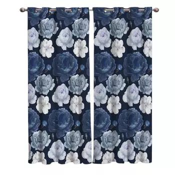 Цветы, синий цветущий парк, темно-синие оконные шторы, живописные шторы для гостиной, декоративные предметы для гостиной 135W x 60H(cm)