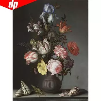 Цветы в вазе с ракушками и насекомыми. Алмазная вышивка своими руками крестом. 20X30