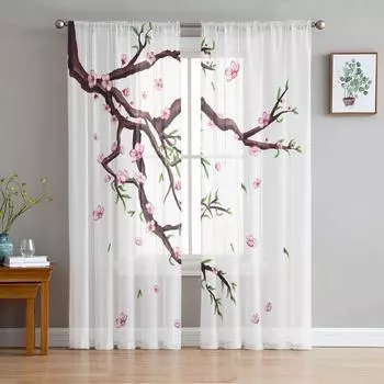 Цветы вишни, листья, ветки, тюль, занавеска, вуаль, прозрачная для спальни, гостиной, кухни, прозрачные оконные занавески W135 x H114cm