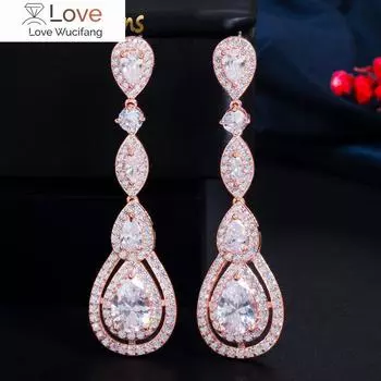 Cwwzircons розового золота цвета роскошные длинные круглые висячие серьги с каплями воды элегантные серьги Cz для женщин свадебные украшения для платья Cz766 5.8cm