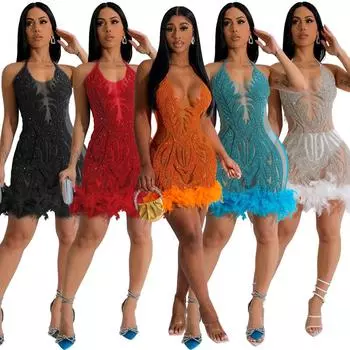 CY901133 Женское кружевное платье с прозрачной юбкой на бедрах и пайетками - Новая европейская и американская мода L белый