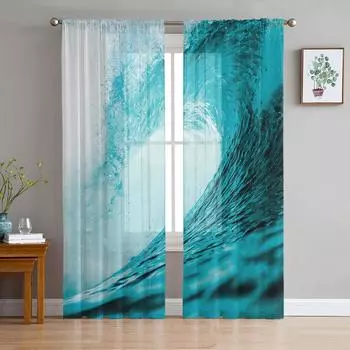 Cyan Waves Seascape Window Treatment Tulle Modern Sheer Curtains for Kitchen Living Room the Bedroom Curtains Decoration W135 x H114cm