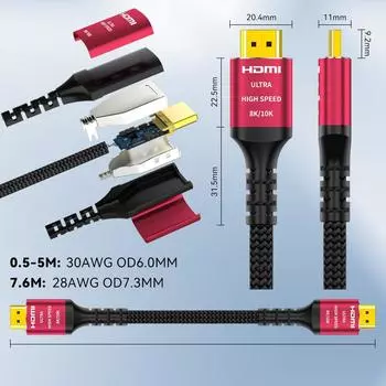 CYANMI 8K HDMI 2.1 Cables, 48Gbps , HDMI 8K Braided Cord-4K@120Hz 8K@60Hz, Compatible With Roku TV/PS5/PS4/HDTV/RTX 3080 3090 =0.5m
