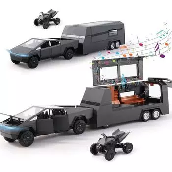 Cybertruck Toy Alloy Cyber Truck Toy RV Model ATV Kit, 1/32 Diecast Metal Pickup Trailer Car Model with Sound Light and Pull Back Power, Gifts on Birthday чёрный