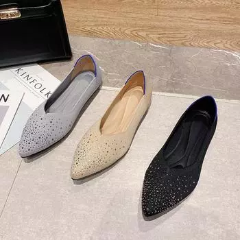 Цыганские туфли 2025 года, новые туфли со стразами, плетеные туфли, заостренные одинарные туфли, женские вязаные туфли на плоской подошве с неглубоким горлом 35 чёрный