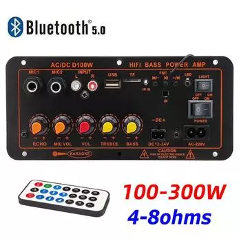 D100 220 В 12 В 24 В цифровой Bluetooth 5,0 плата усилителя сабвуфера двойной микрофон усилители бас-высокие частоты управление 100 Вт US PLUG