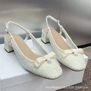 D2025 Вышитые балетки из ротанга на низком каблуке с жемчужной пряжкой и бантом 3,5 см Size 39