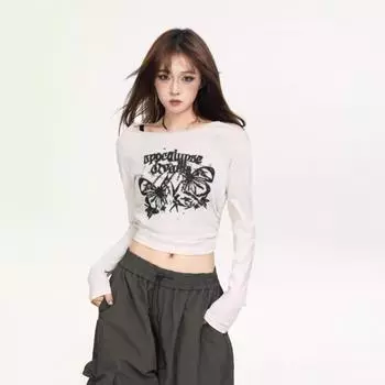 D2093 #butterfly Принт Футболка с длинными рукавами Женская футболка с рисунком на талии Короткий топ Spice Girl Pure Desire Sweet and Spicy S