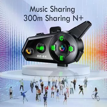 D2-6X гарнитура для шлема мотоцикла Bluetooth 5.3 голосовое управление мотоцикл беспроводная гарнитура для разговора на практике водонепроницаемая для 6 мотоциклистов
