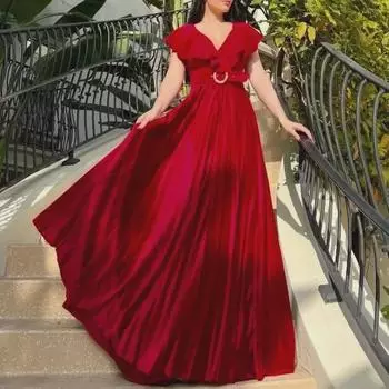 D3159P Длинное платье больших размеров с V-образным вырезом и плиссированными оборками - европейский и американский стиль L