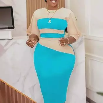 D399 Платье для женщин в африканском стиле больших размеров с цветными блоками на бедрах 2023 M озеро синий