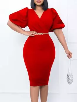 D411 Женское летнее платье с рукавами-фонариками и V-образным вырезом - Профессиональный стиль OL, европейское и африканское влияние S