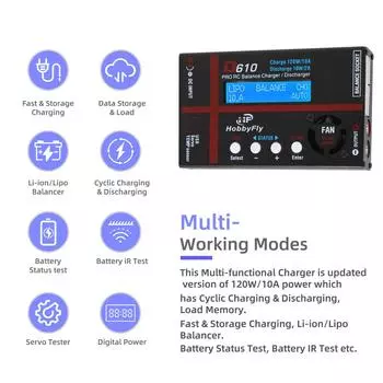 D610 10A интеллектуальное зарядное устройство для аккумуляторов с несколькими режимами зарядки, поддерживает измеритель мощности аккумулятора разноцветный