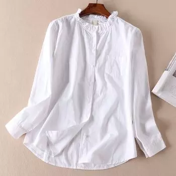 D613 Gentle Stringy Selvedge Stand Collar Cotton Long-Sleeved Shirt White. S