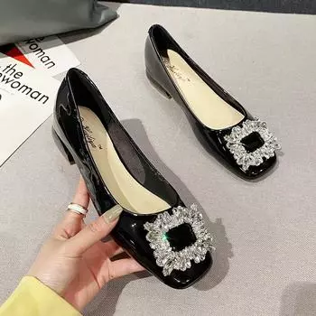 D 2123-2 fairy rhinestone square buckle low heel single shoes 2025 new spring fashion versatile skirt thick heel women s shoes 35 чёрный