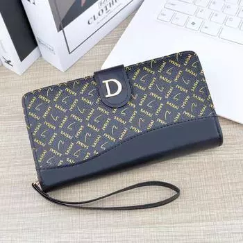 D Буква Печать Цветок Женский Молния Складной Длинный Кошелек Большой чёрный