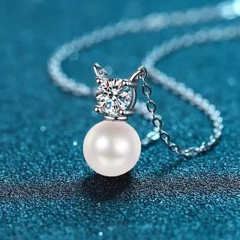 Цвет D, 0,5 карата, настоящее жемчужное ожерелье из муассанита для женщин, свадебное классическое серебро S925, стерлинговое серебро 8 мм, кулон с жемчугом, натуральная пресная вода moissanite necklace