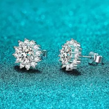 Серьги-гвоздики с муассанитом цвета D, 1 карат, для женщин, свадебные украшения с цветком солнца, блестящий ореол с имитацией бриллианта 0.5CT 5MM