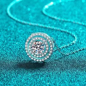 D цвет 0,5-2 карата муассанит ожерелье для женщин двойной ореол классический круглый кулон 100% стерлингового серебра S925 свадебные украшения GRA 0.5CT