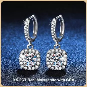 D Цвет 1 карат Муассанит Бриллиантовые Серьги-капли Роскошные Дизайнерские Квадратные Женские Свадебные Ювелирные Изделия Серьги Стерлингового Серебра S925 0.5CT Zircon