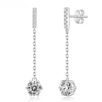 D Цвет 1CT 6,5 мм Круглая огранка Муассанит с бриллиантовой цепочкой Серьги-капли из серебра 925 пробы Длинные серьги для женщин Подарок на помолвку 0.5ct 5mm Moissanite