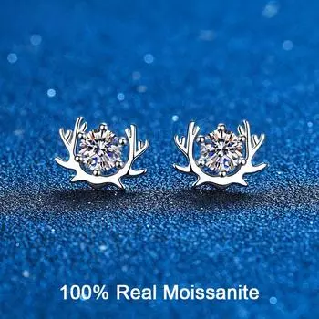 D цвет 1CT Муассанит серьги с рогами для женщин Роскошные рождественские серьги-гвоздики с изображением оленей в виде животных Рождественские серьги-гвоздики из стерлингового серебра ювелирные изделия в подарок Total carat 1.0ct