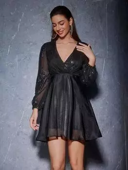 D&M Платье с глубоким вырезом и рукавами-фонариками, украшенное пайетками