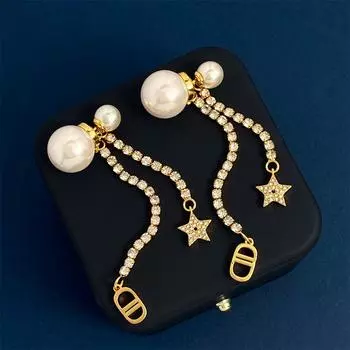 D Передние и задние жемчужные серьги с жемчугом, длинные серьги-гвоздики с бриллиантовой бахромой и буквами Cd, латунные серьги золотой