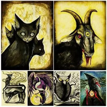 Дьявольские козы, зелья для черных кошек, странные птицы, страшный кролик, винтажная настенная живопись на холсте, загадочное животное, художественный плакат с принтом без рамки 21*30cm