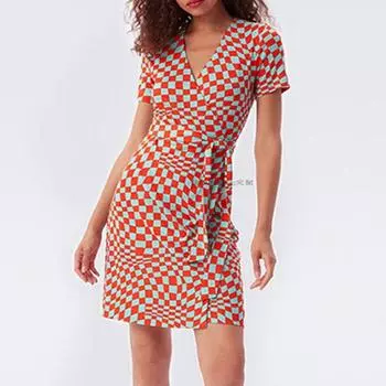 D s Orange Short-Sleeved Beach Dress for Seaside Vacations Same model (checkered Print skirt) S