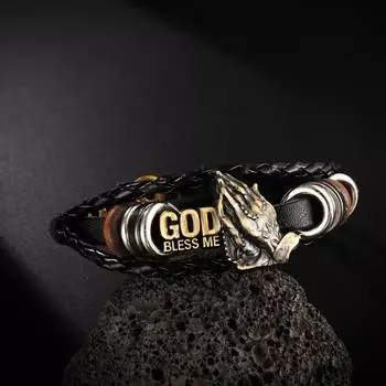 Да благословит Бог Регулируемый плетеный браслет ручной работы в стиле ретро из искусственной кожи для молитвы чёрный