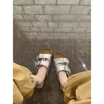 Da Mimi Bokenxia one-word soft leather burst pattern thick bottom cool slippers wear beach girl 35