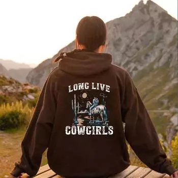 Да здравствует ковбойская толстовка с капюшоном для девушки в стиле вестерн-пустыня, спортивная одежда, кактусовая сцена, ковбойская толстовка с капюшоном в стиле кантри-девушки, модная толстовка с капюшоном S коричневый