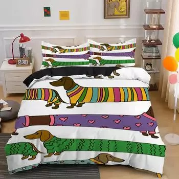 Dachshund Duvet Cover Set Cartoon Style Dachshunds King Size Bedding Set for Dog Lovers Boys Teens 2/3pcs Twin Comforter Cover EU single(135x200cm)