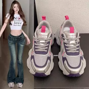 Dad Shoes Children Spring and Summer New Mesh Breathable Thick Sole Heightening Leather Casual Sports Shoes Women 35